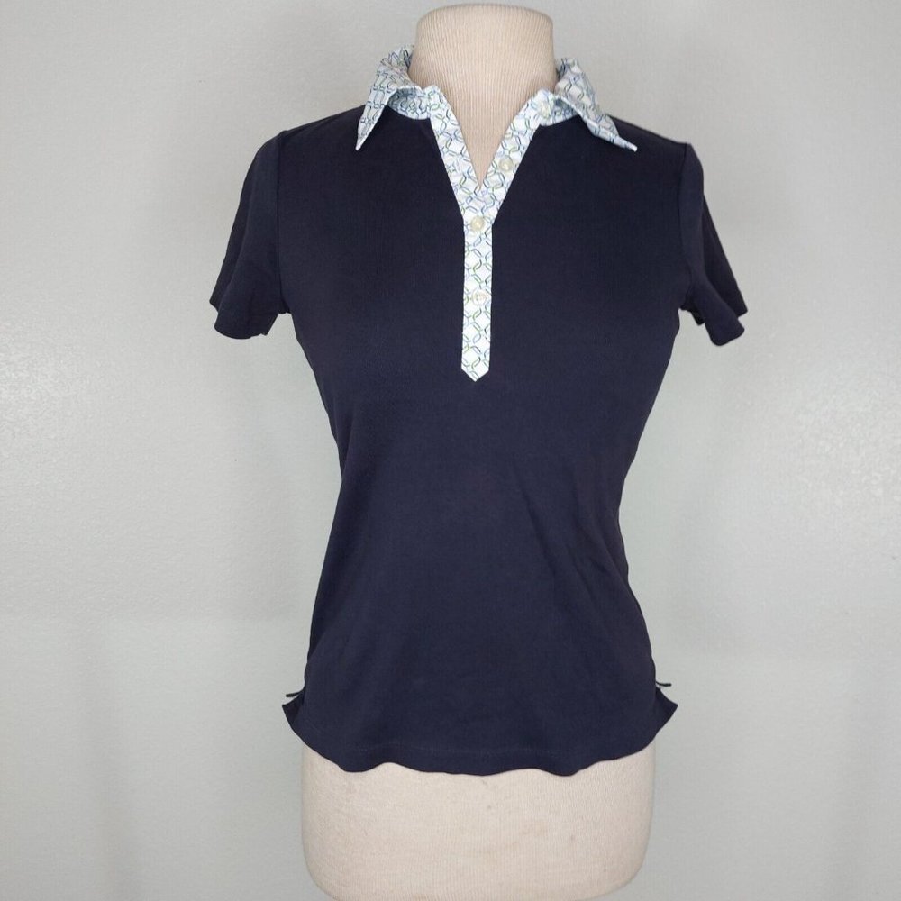 Lands End Womens XS Petite Polo Shirt Short Sleeve Navy Print Collar